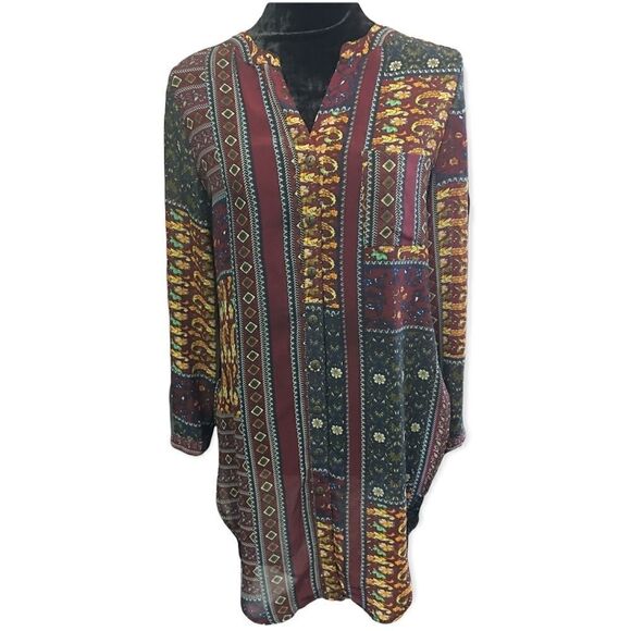 Philosophy Button Down Tribal Mixed Pattern Tunic Top Size S - Picture 1 of 4